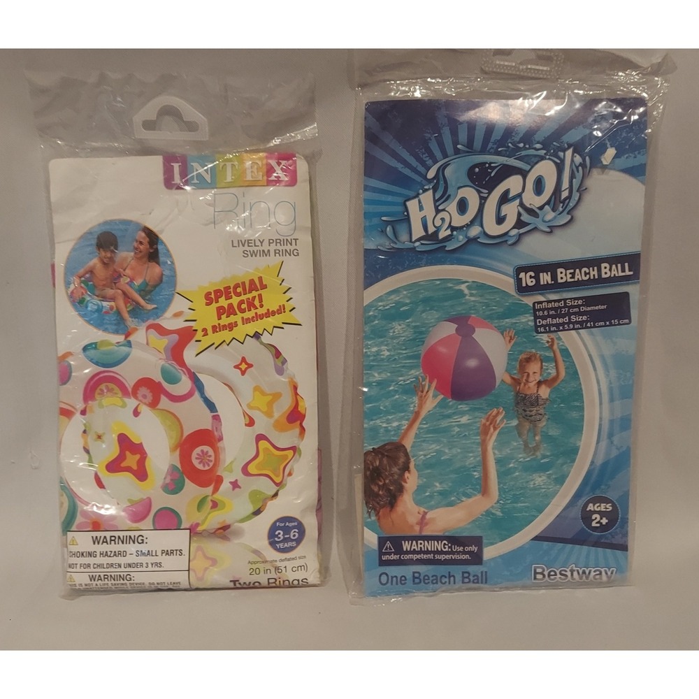 Intex Swim Rings (2 in Package) & H2O‎ Go Pink Purple & White 16" Beach Ball NWT
